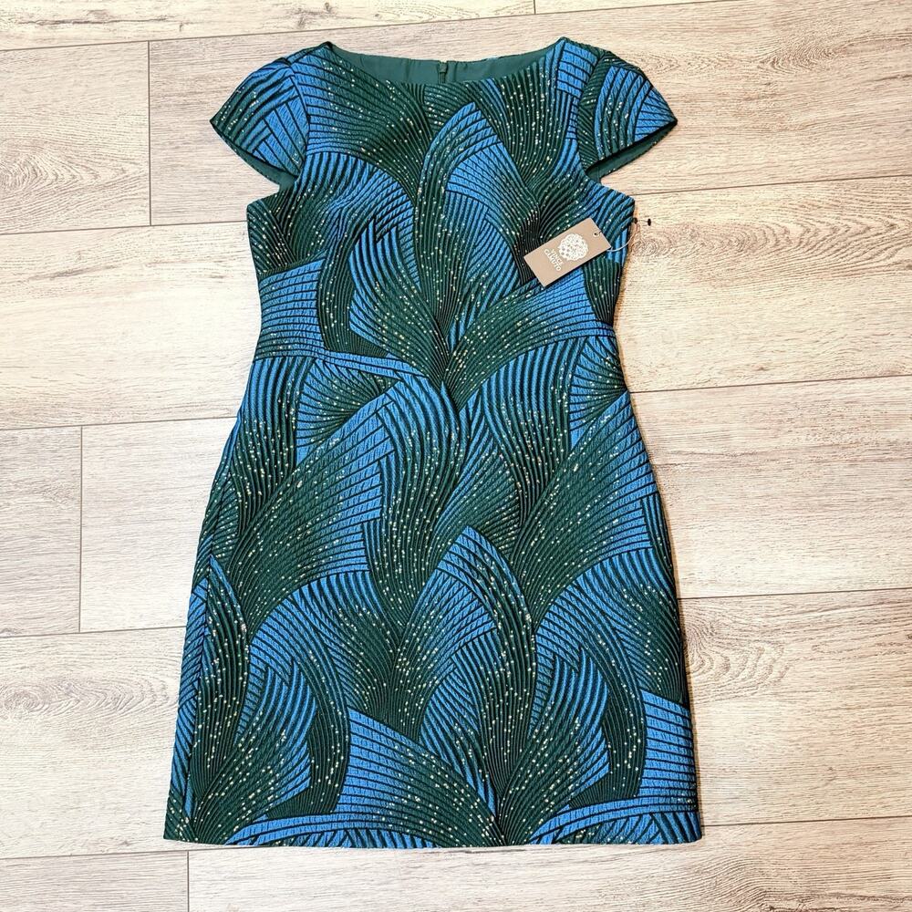 Vince Camuto Dress 4 Signature Cap sleeve crepe dress Quilted Metallic NWT